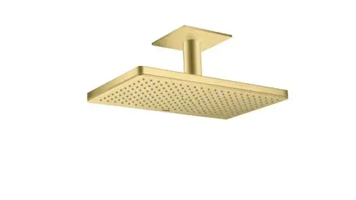 Kopfbrause in gebürstetem Messing. Flache, rechteckige Form mit mehreren Düsen auf der Oberfläche. Deckenmontage vorgesehen. Produkt von AXOR.